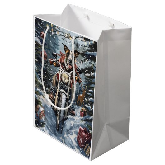 大きなダン犬オートバイクリスマスに乗る ミディアムペーパーバッグ (裏面アングル)