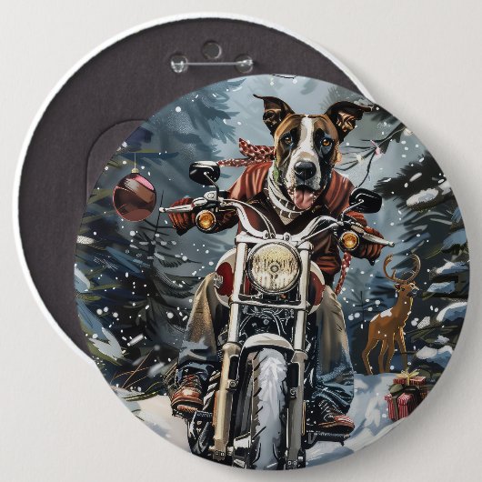 大きなダン犬オートバイクリスマスに乗る 缶バッジ (正面&裏面)
