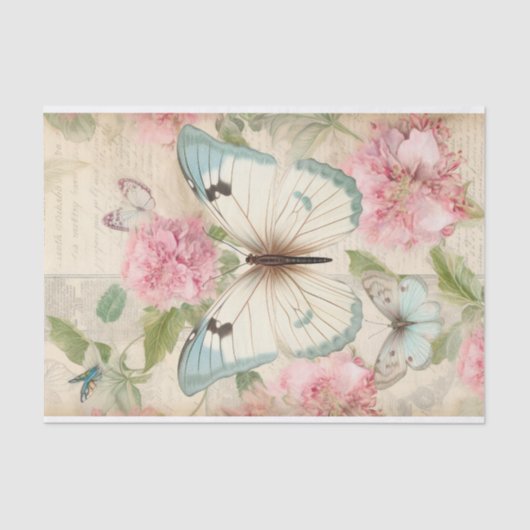 大きなティール（緑がかった色）クリーム蝶の巨大なピンクの花 薄葉紙 (正面)