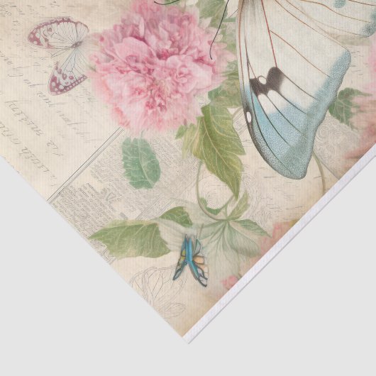 大きなティール（緑がかった色）クリーム蝶の巨大なピンクの花 薄葉紙 (詳細)