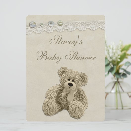 大きなテディベアヴィンテージレースベビーシャワー 招待状 (スタンド正面)