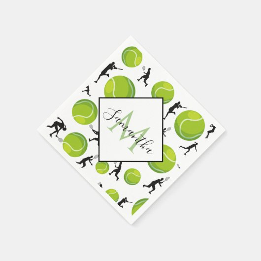 大きなテニスボールとプレーヤーのシルエット アスレチック ファン スタンダードカクテルナプキン (角)