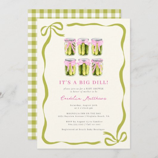 大きなディル漬けコケット弓ベビーシャワー 招待状 (正面/裏面)