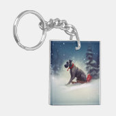 大きなデーンのクリスマスの雪の冬 キーホルダー (正面左)