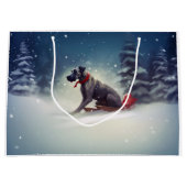 大きなデーンのクリスマスの雪の冬 ラージペーパーバッグ (正面)