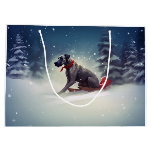 大きなデーンのクリスマスの雪の冬 ラージペーパーバッグ (裏面)