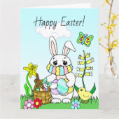 大きなハッピーイースター、フェイスマスクをしたイースターバニー カード (黄色い花)