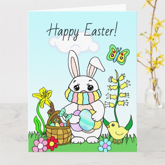 大きなハッピーイースター、フェイスマスクをしたイースターバニー カード (黄色い花)