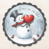 大きなハートで愛を届ける雪だるま ペーパーコースター (正面)