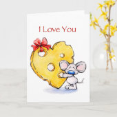 大きなハートチーズのかわいいねずみ カード (黄色い花)