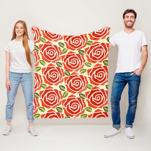 大きなバラのパターン赤緑と白シック フリースブランケット (インサイチュ)