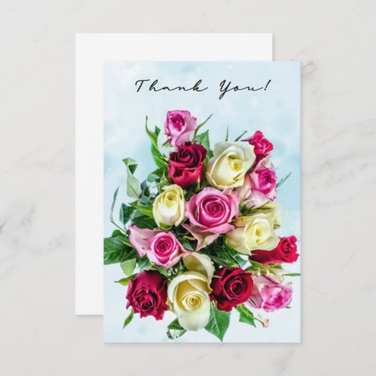 大きなバラの花束が青く飛び散る背景 サンキューカード (正面/裏面)