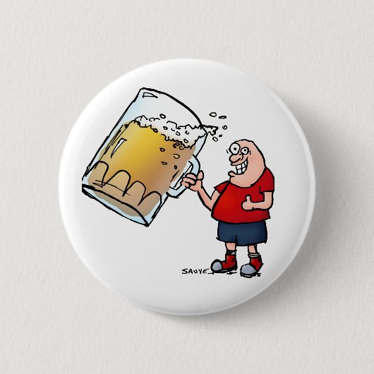 大きなビールジョッキを持つおもしろ男 缶バッジ (正面)