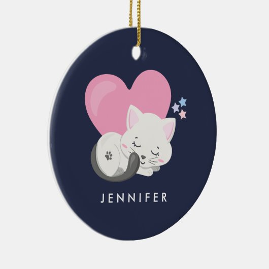 大きなピンクのハートと寝るネコちゃん セラミックオーナメント (右)