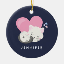 大きなピンクのハートと寝るネコちゃん セラミックオーナメント