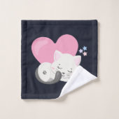 大きなピンクのハートと寝るネコちゃん バスタオルセット (ウォッシュタオル)