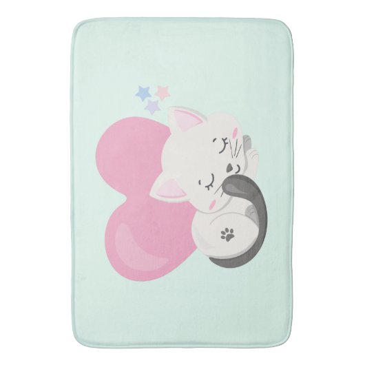 大きなピンクのハートと寝るネコちゃん バスマット (正面縦)