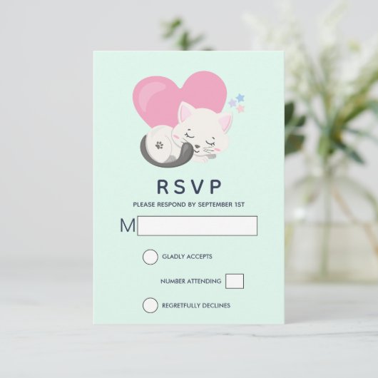 大きなピンクのハートと寝るネコちゃん 出欠カード (スタンド正面)