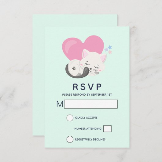 大きなピンクのハートと寝るネコちゃん 出欠カード (正面/裏面)