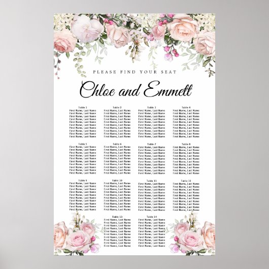 大きなピンクのフローラ14結婚テーブルの座席表 ポスター (正面)