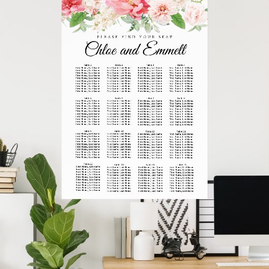 大きなピンクのフローラ16結婚テーブルの座席表 ポスター (ホームオフィス)