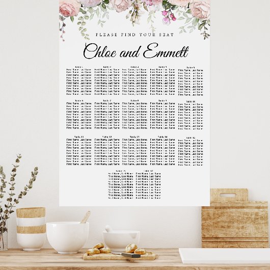 大きなピンクのフローラ17台結婚の座席表 ポスター (キッチン)