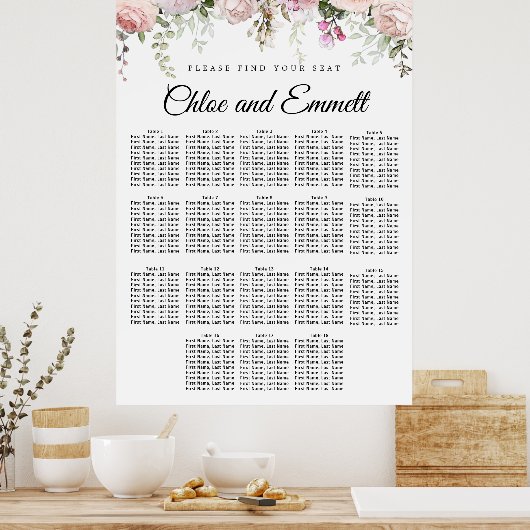 大きなピンクのフローラ18結婚テーブルの座席表 ポスター (キッチン)