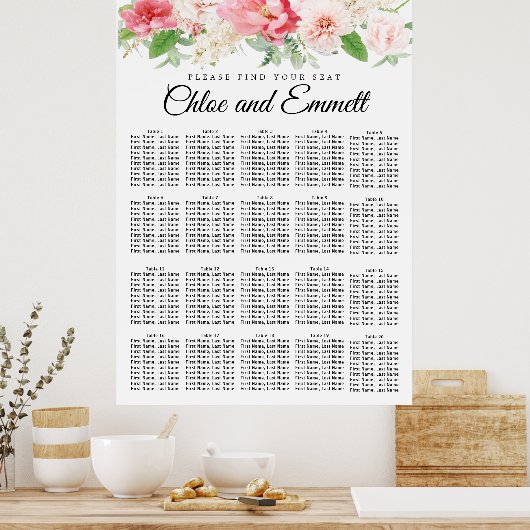 大きなピンクのフローラ20台結婚の座席表 ポスター (キッチン)