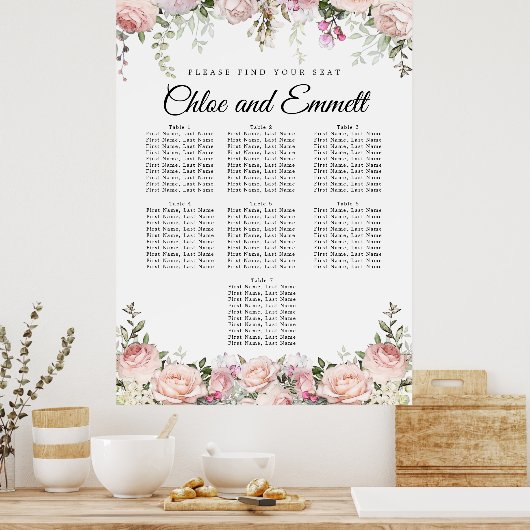 大きなピンクのフローラ7結婚テーブルの座席表 ポスター (キッチン)