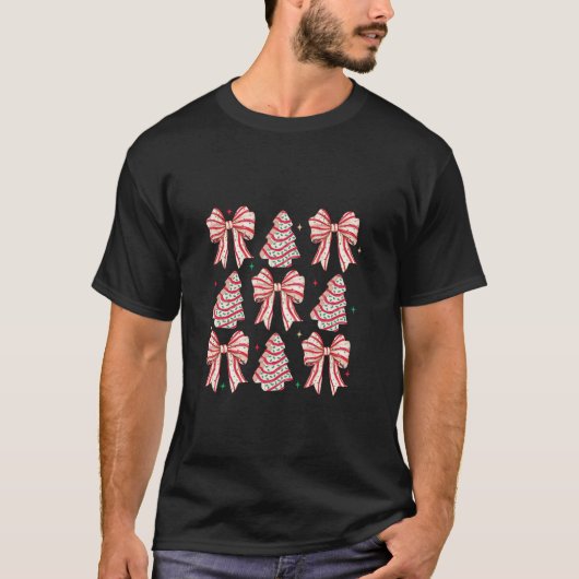 大きなピンクの弓ギとクリスマスコケットケーキツリー Tシャツ (正面)