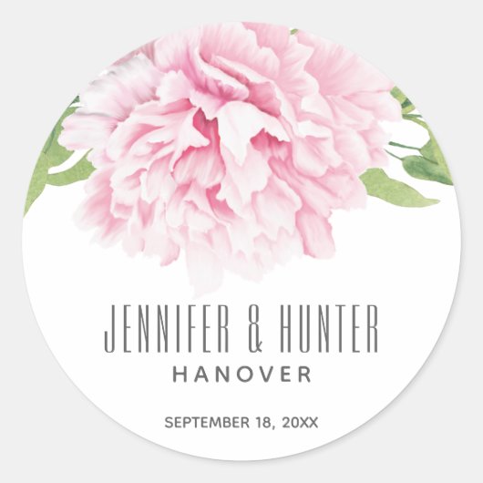 大きなピンクの水の色の牡丹フローラ |ステッカー ラウンドシール (正面)