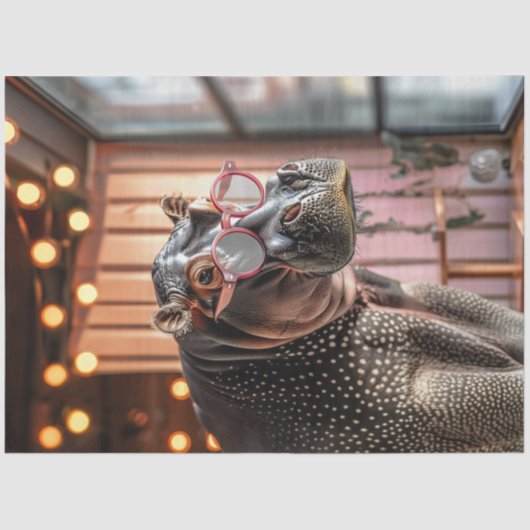 大きなピンクの眼鏡でデコップグレーのカバ 薄葉紙 (正面)