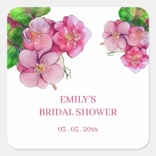 大きなピンクの素敵な花の花フローラウォーター色 スクエアシール (正面)