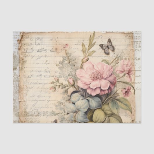 大きなピンクの花と蕾の蝶の手書き風フォント 薄葉紙 (正面)