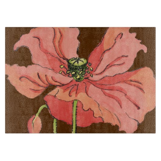 大きなピンク色の花と深い赤 カッティングボード (正面)