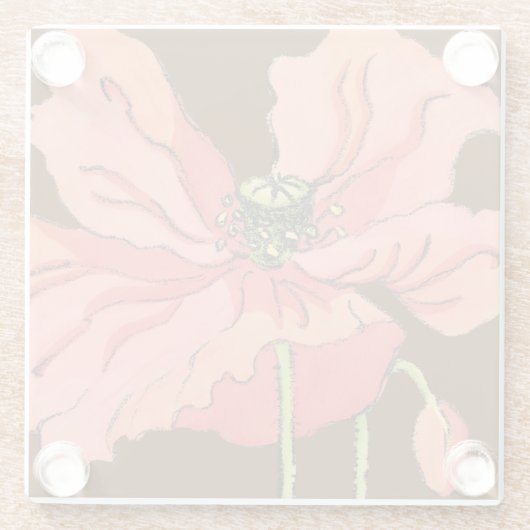 大きなピンク色の花と深い赤 ガラスコースター (裏面)