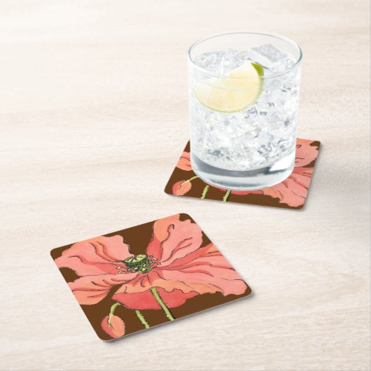 大きなピンク色の花と深い赤 スクエアペーパーコースター (インサイチュ)