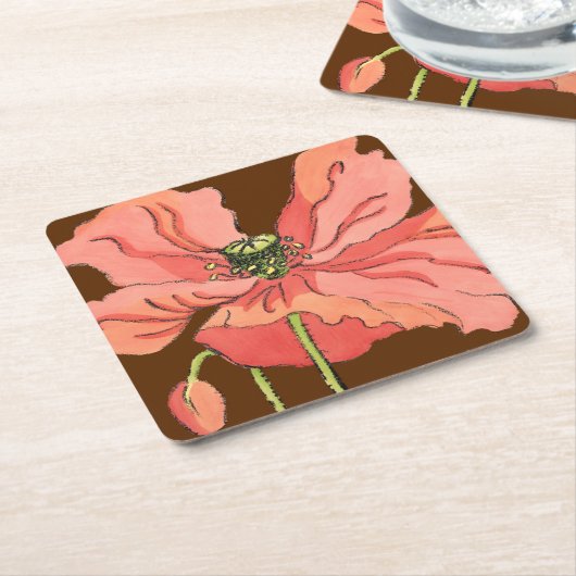 大きなピンク色の花と深い赤 スクエアペーパーコースター (アングル)