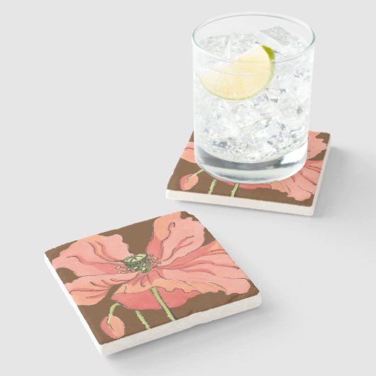 大きなピンク色の花と深い赤 ストーンコースター (横)