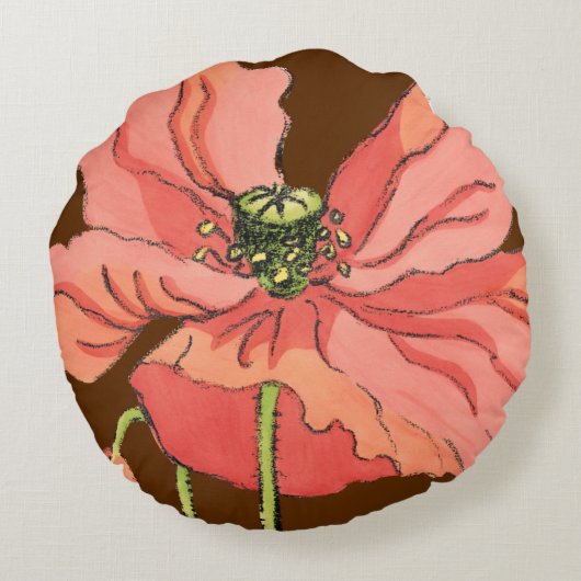 大きなピンク色の花と深い赤 ラウンドクッション (裏面)