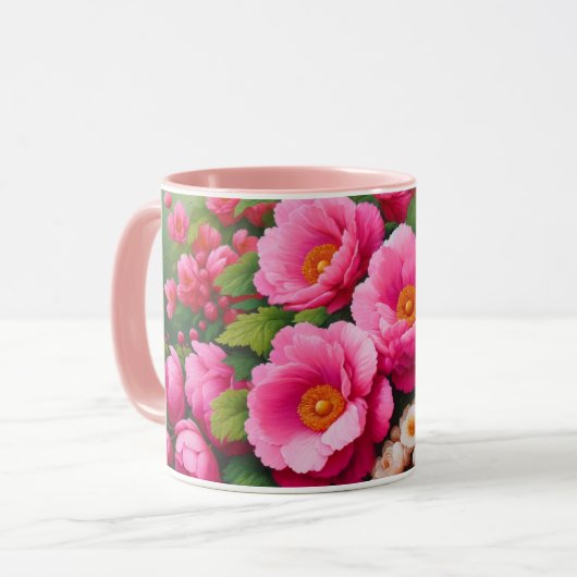 大きなピンク色の花はっきりしたを持つマグカップ マグカップ (正面左)