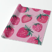 大きなプリントイチゴのイチゴをピンクに包む ラッピングペーパー (アンロールド)