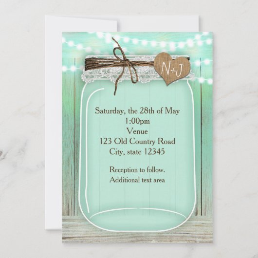 大きなメイソンジャーとライト ミントグリーン ラスティック ウェディング 招待状 (裏面)