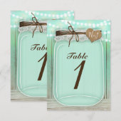 大きなメイソンジャーとライト ミント テーブルナンバーカード 招待状 (正面/裏面)