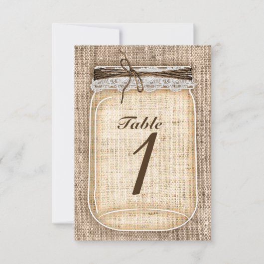 大きなメイソンジャー & バーラップレースのラスティックテーブルナンバー 招待状 (正面)