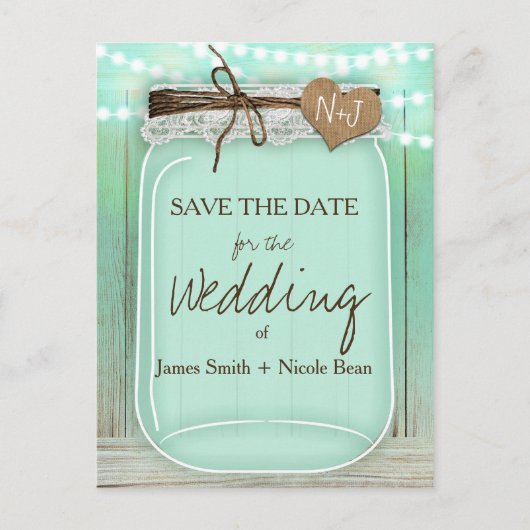 大きなメイソンジャー ミント + ライト ラスティック セーブ・ザ・デート 案内ポストカード (正面)
