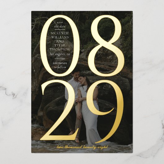 大きなモダン日付の写真その日付を保存 箔招待状 (正面)