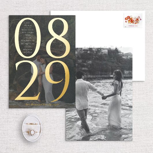 大きなモダン日付の写真その日付を保存 箔招待状