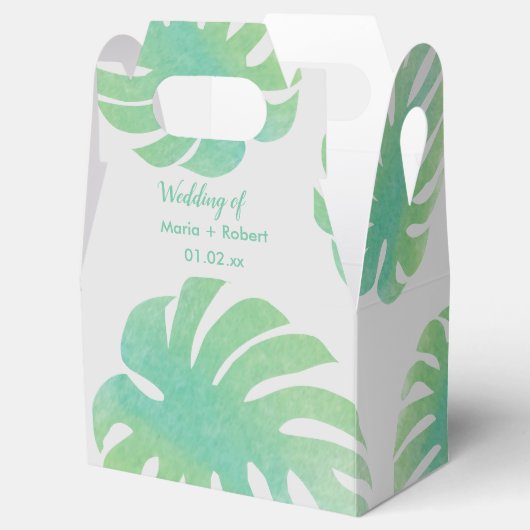 大きなモンステラの葉のグリーン ボタニカル ウェディング フェイバーボックス (オープン)