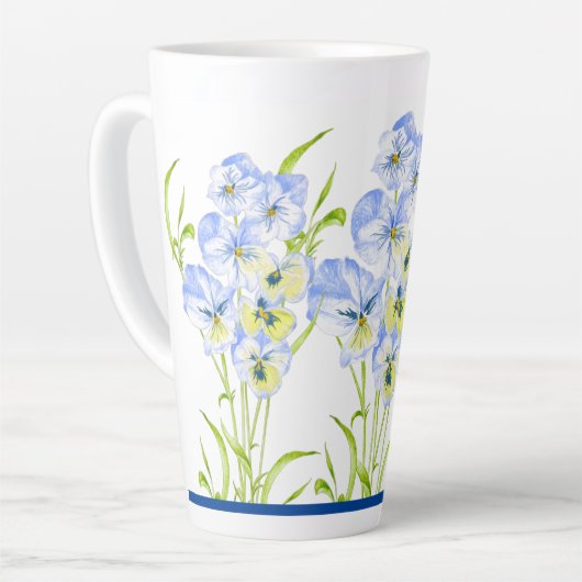 大きなラテマグカップに氷のような青いパンジー カフェラテマグ (左アングル)